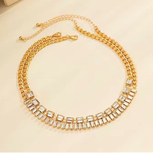 Gold Plated Diamond Baguette Multilayer Choker Necklace - Picture 5 of 8